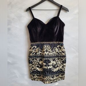 Black and Gold Velour Bust Beaded Embroidered Mini Cocktail Dress Size 12 Splash